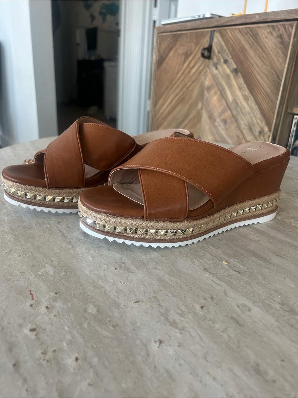BCBGeneration Tan Platform Wedge Slide Sandals with Studded Espadrille Trim